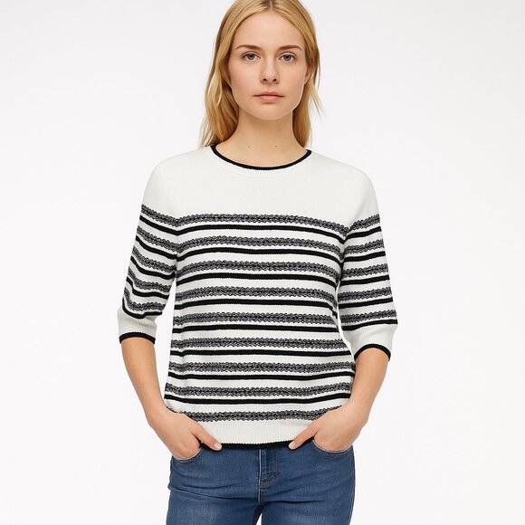 NWT White House Black Market Elbow Sleeve Novelty Stripe Sweater Ecru #WHBM17